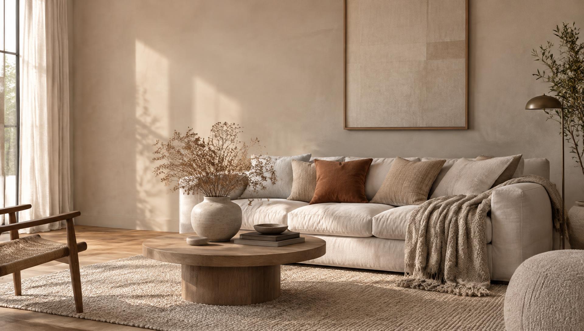 Lys sofa med puter i varme, naturlige toner i en rolig stue